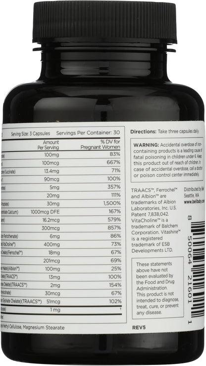 Beli Women Prenatal Multivitamin - 400mg Choline, Folate & Vitamin D - Vegan, Gluten-Free, 90 Capsules (30-Day Supply)
