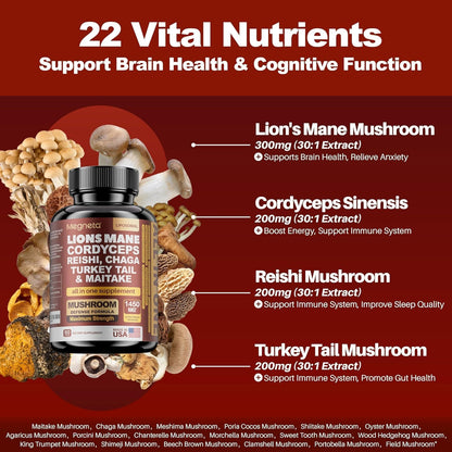 22 in 1 Multi Mushrooms Capsules, Lions Mane Cordyceps Sinensis Reishi Mushroom Turkey Tail Mushroom, 180 Capsules