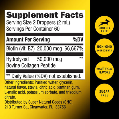 Super Natural Goods Liquid Biotin & Collagen 70,000mcg Hair, Skin & Nail Drops (4 oz / 118 ml)