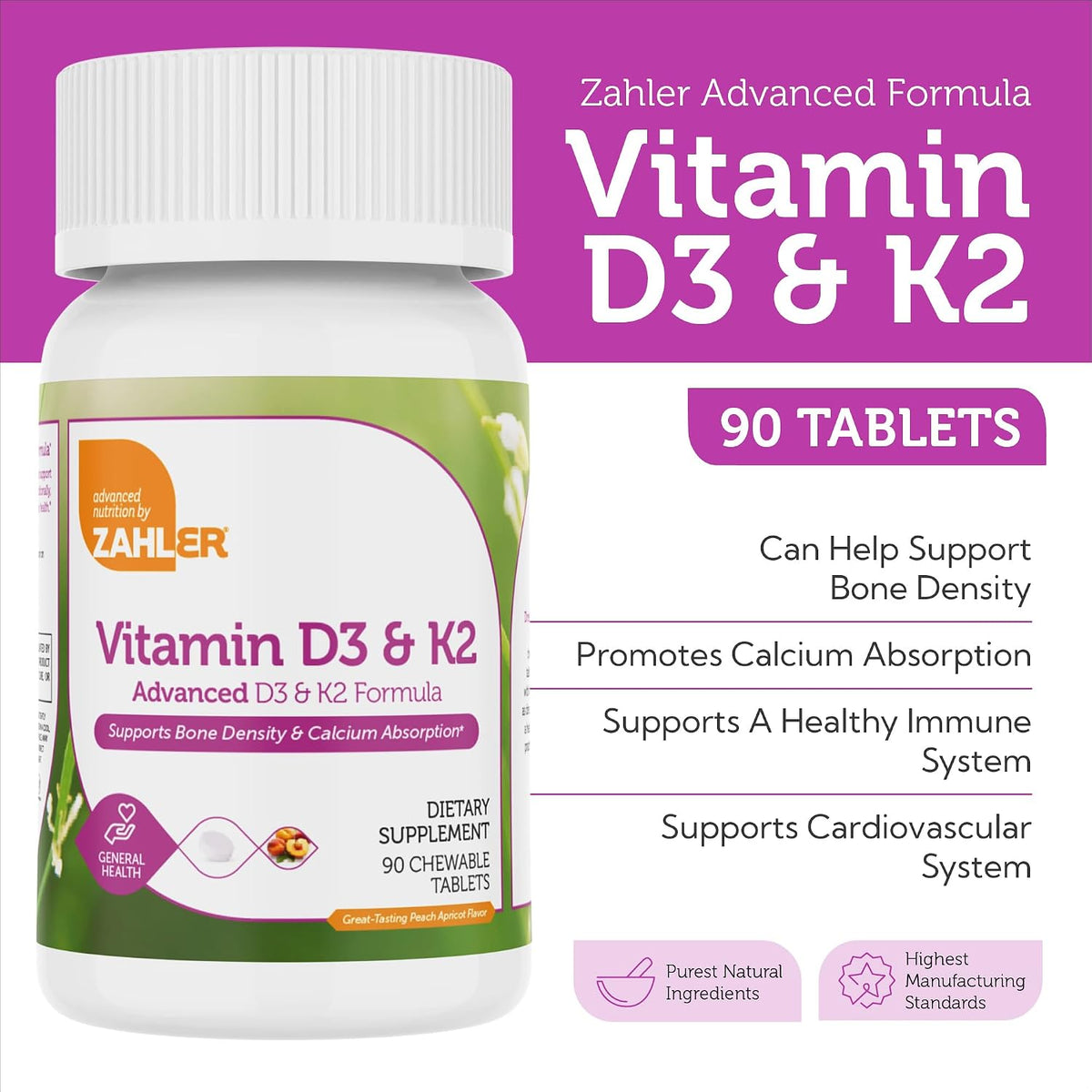 Zahler Vitamin D3 & K2 Chewable Supplement - 5000 IU D3, 120 mcg K2, 90 Chewable Tablets - görsel 4