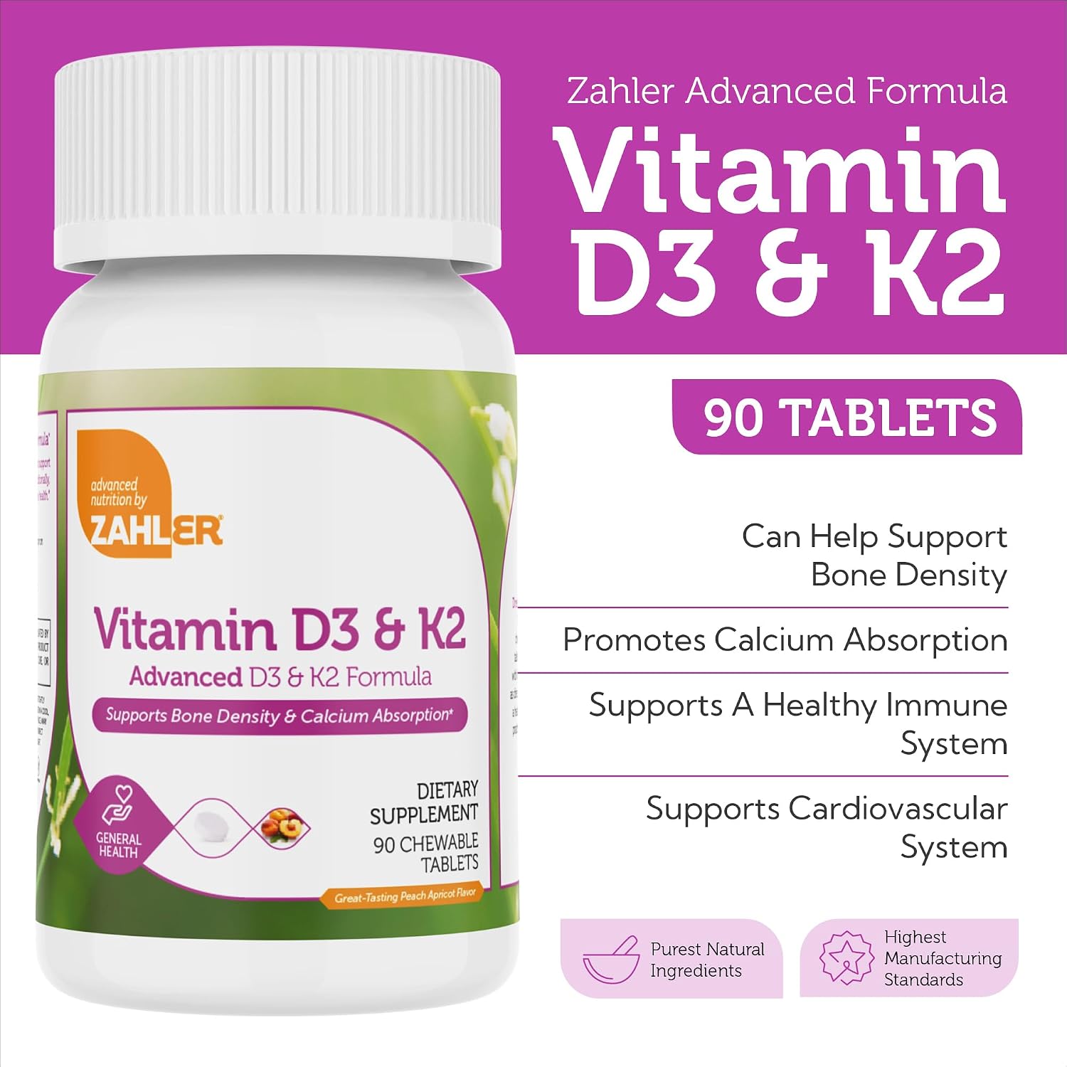 Zahler Vitamin D3 & K2 Chewable Supplement - 5000 IU D3, 120 mcg K2, 90 Chewable Tablets - görsel 4