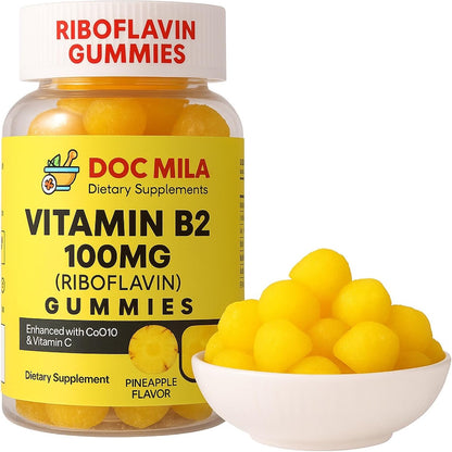 Doc Mila Vitamin B2 100mg Gummies – Riboflavin Supplement for Adults and Kids, Pineapple Flavour