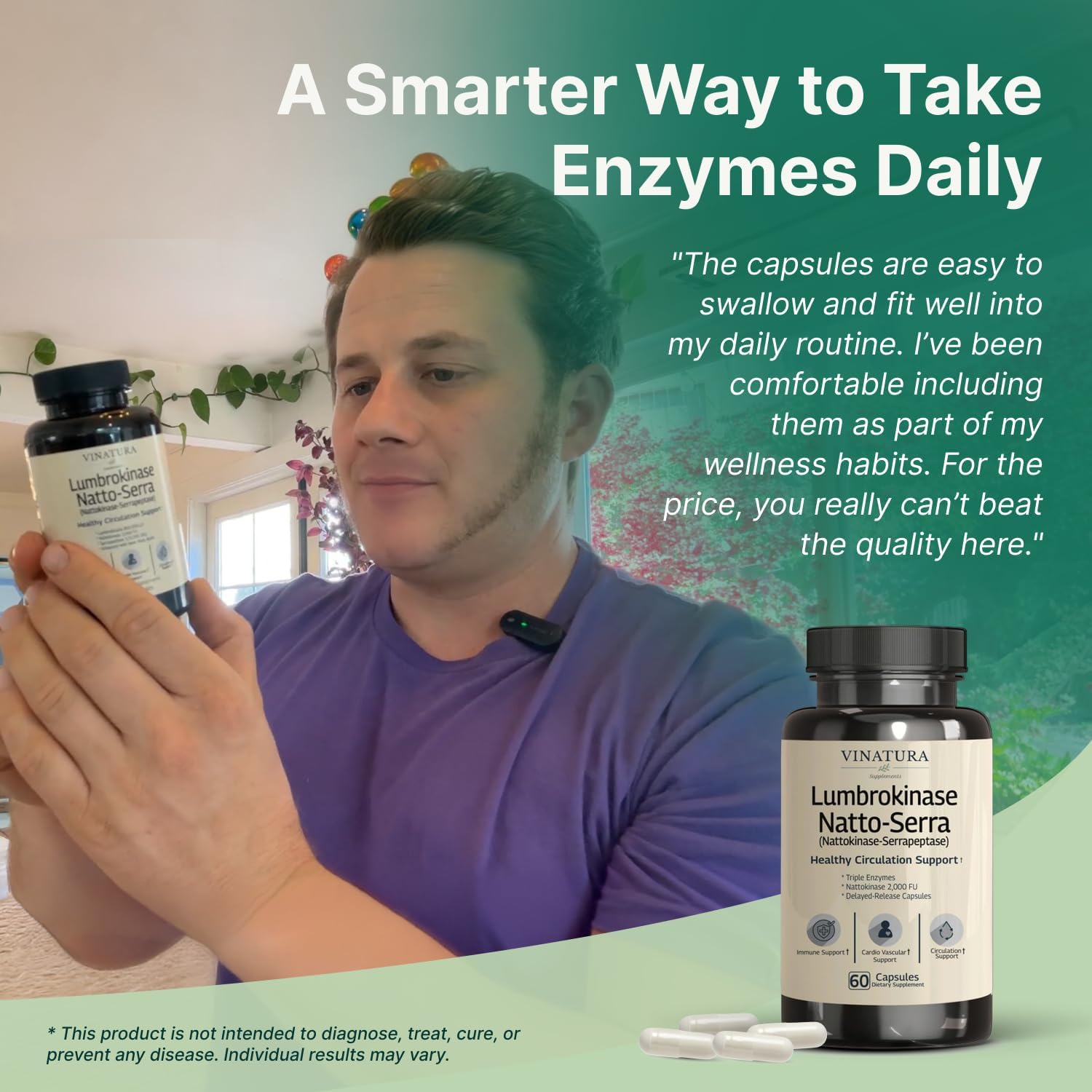 VINATURA Lumbrokinase Serrapeptase Nattokinase - Triple Enzyme Supplement for Blood Circulation Support - 60 Delayed-Release Capsules - görsel 5