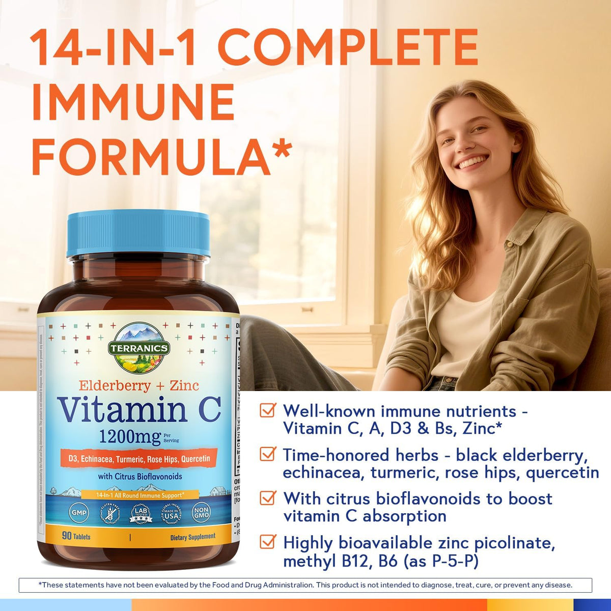Terranics Vitamin C Elderberry Zinc, with Vitamin D3, A, B6, B12, Folate, Rose Hips, Citrus Bioflavonoids, Turmeric, Echinacea, 14-in-1 Daily Immune Support, 90 Tablets - görsel 3