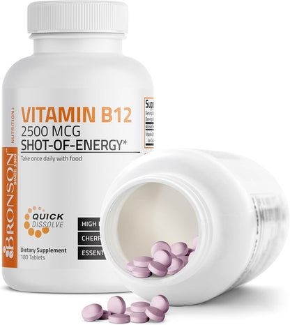 Bronson Vitamin B12 2500mcg Sublingual Tablets - Cherry Flavoured Fast Dissolve - 180 Tablets