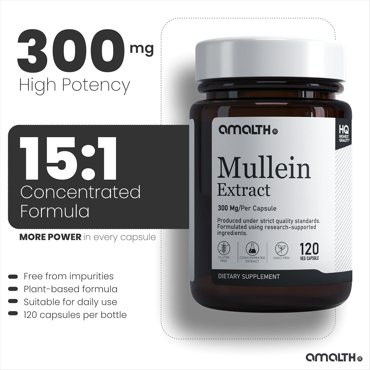 Mullein Capsules 300 mg - Herbal Lung Support Supplement - 120 Veg Capsules - görsel 3