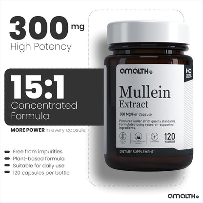Mullein Capsules 300 mg - Herbal Lung Support Supplement - 120 Veg Capsules