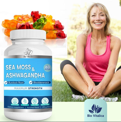 BIO VITALICA Sea Moss Ashwagandha Gummies - Organic Irish Sea Moss Blended with Burdock Root & Bladderwrack - Natural Energy & Calm Support for Adults - 2 Packs