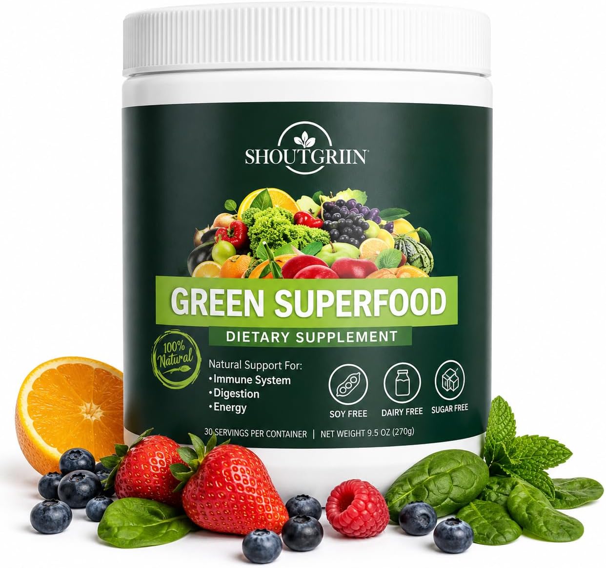 SHOUTGRIIN Green Superfood Powder – Organic Super Greens with 100 Billion CFU Probiotics & Digestive Enzymes - görsel 1