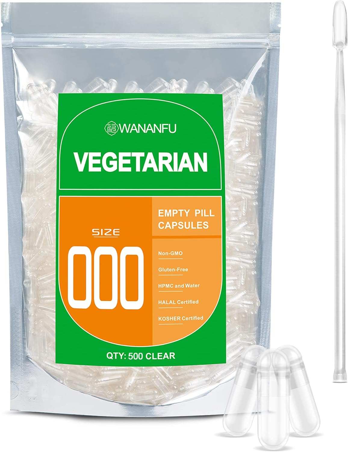 WANANFU Size 000 Empty Vegetarian Capsules (500 Count) with Micro Lab Spoon - görsel 1