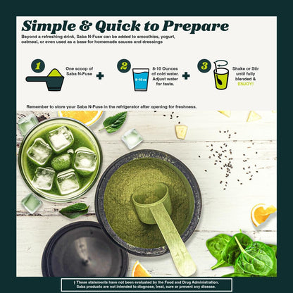 Saba N-Fuse Super Greens Powder – 50+ Superfoods, Probiotics and Digestive Enzymes for Gut Health and Energy, 30 Servings