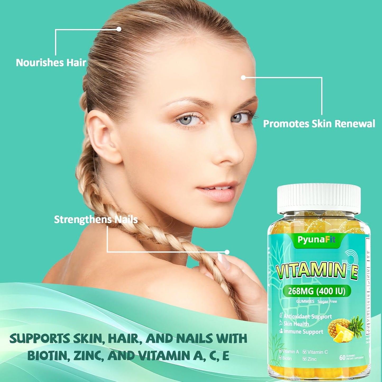 PYUNAFIT Vitamin E 400 IU Gummies for Women - Chewable Supplement with Vitamins A, C, Biotin, Zinc - 60 Gummies - görsel 4