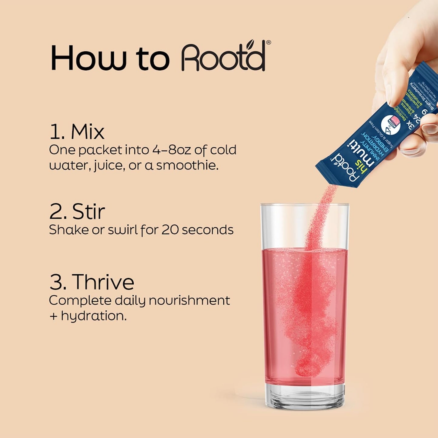 Root'd Multivitamin Powder with 3X Electrolytes for Men - 24 Vitamins & Minerals, 9 Organic Superfoods, Probiotics & Enzymes, Sugar-Free Hydration & Nutrition | 24 Packets - görsel 2