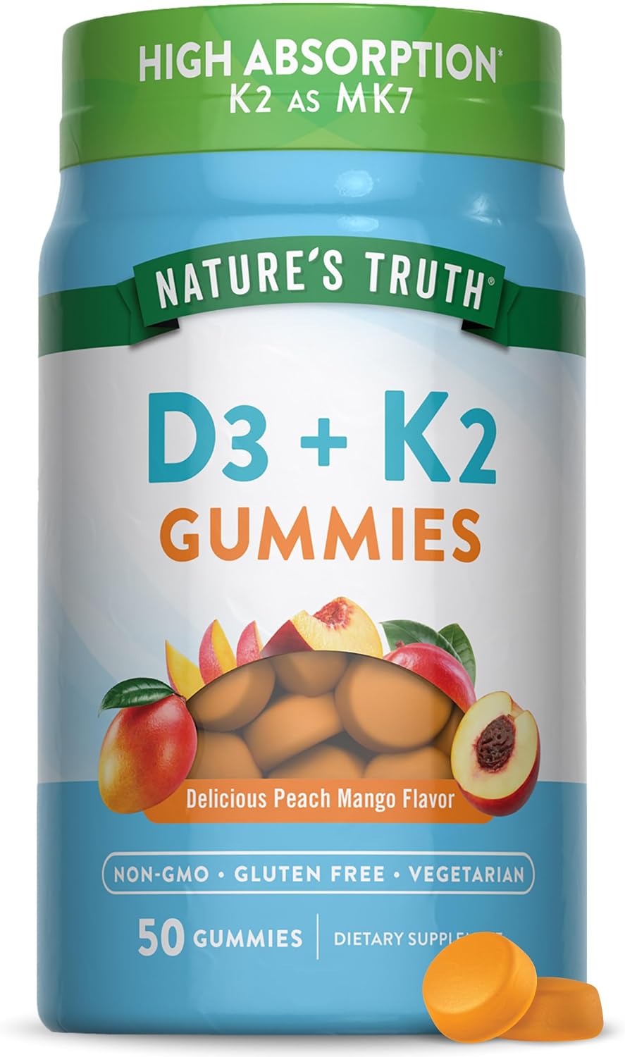 Nature's Truth Vitamin D3 + K2 Gummies, 50 Count, Peach Mango Flavour, Vegetarian, Non-GMO & Gluten-free - görsel 1