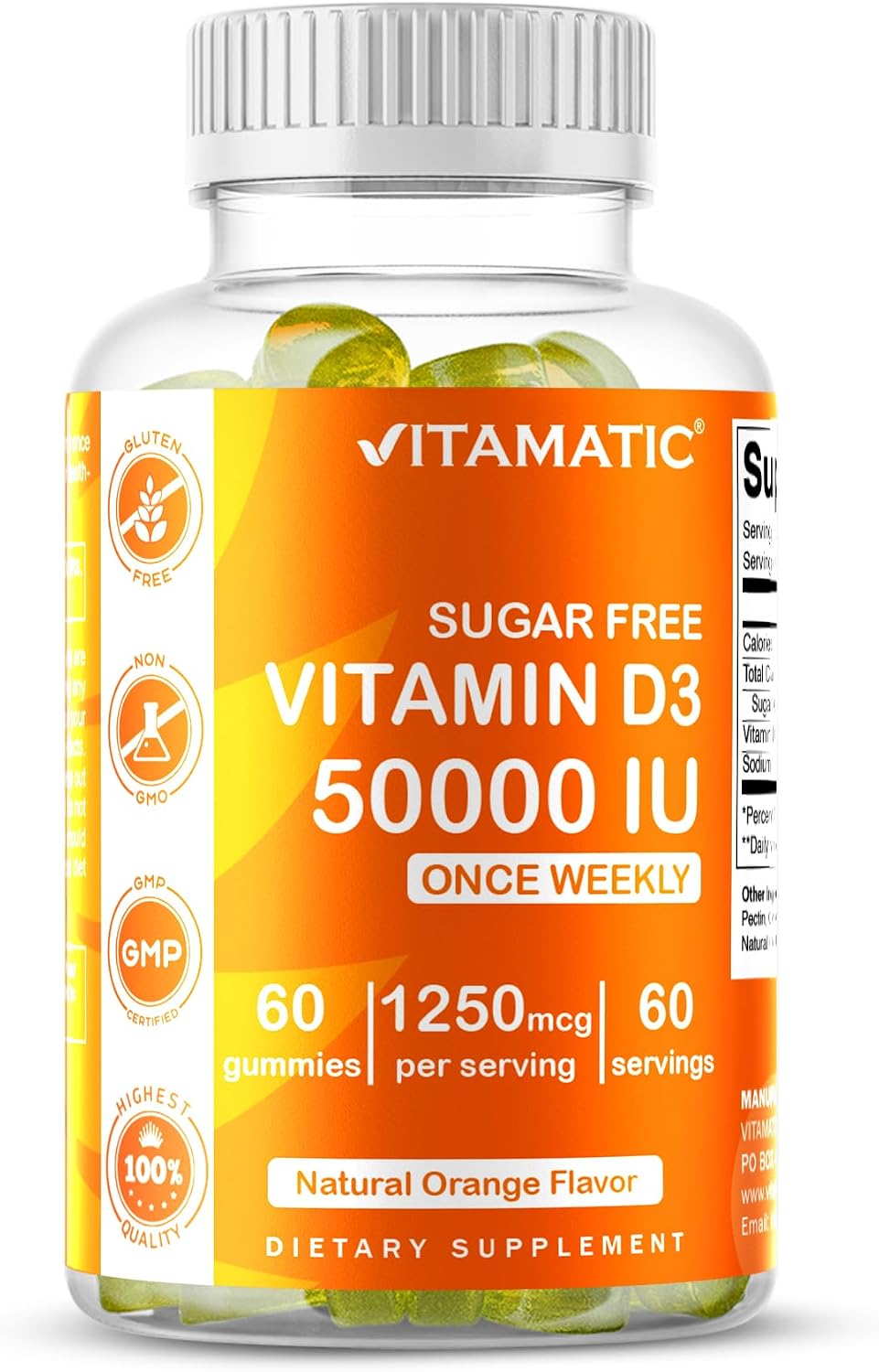 Vitamatic Sugar Free Vitamin D3 50,000 IU Weekly Supplement – 60 Pectin-Based Gummies - görsel 1