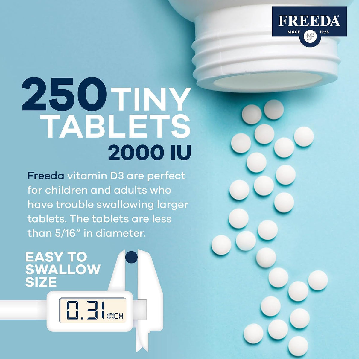 FREEDA Pure Vitamin D3 2000 IU – Bone, Joint, Muscle & Immune Support – 250 Tiny Tablets - görsel 8
