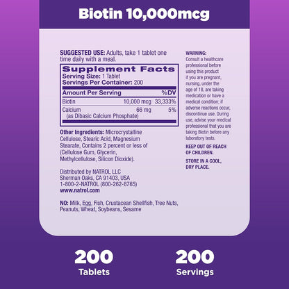 Natrol Biotin 10000mcg for Healthy Hair, Skin and Nails, 200 Tablets