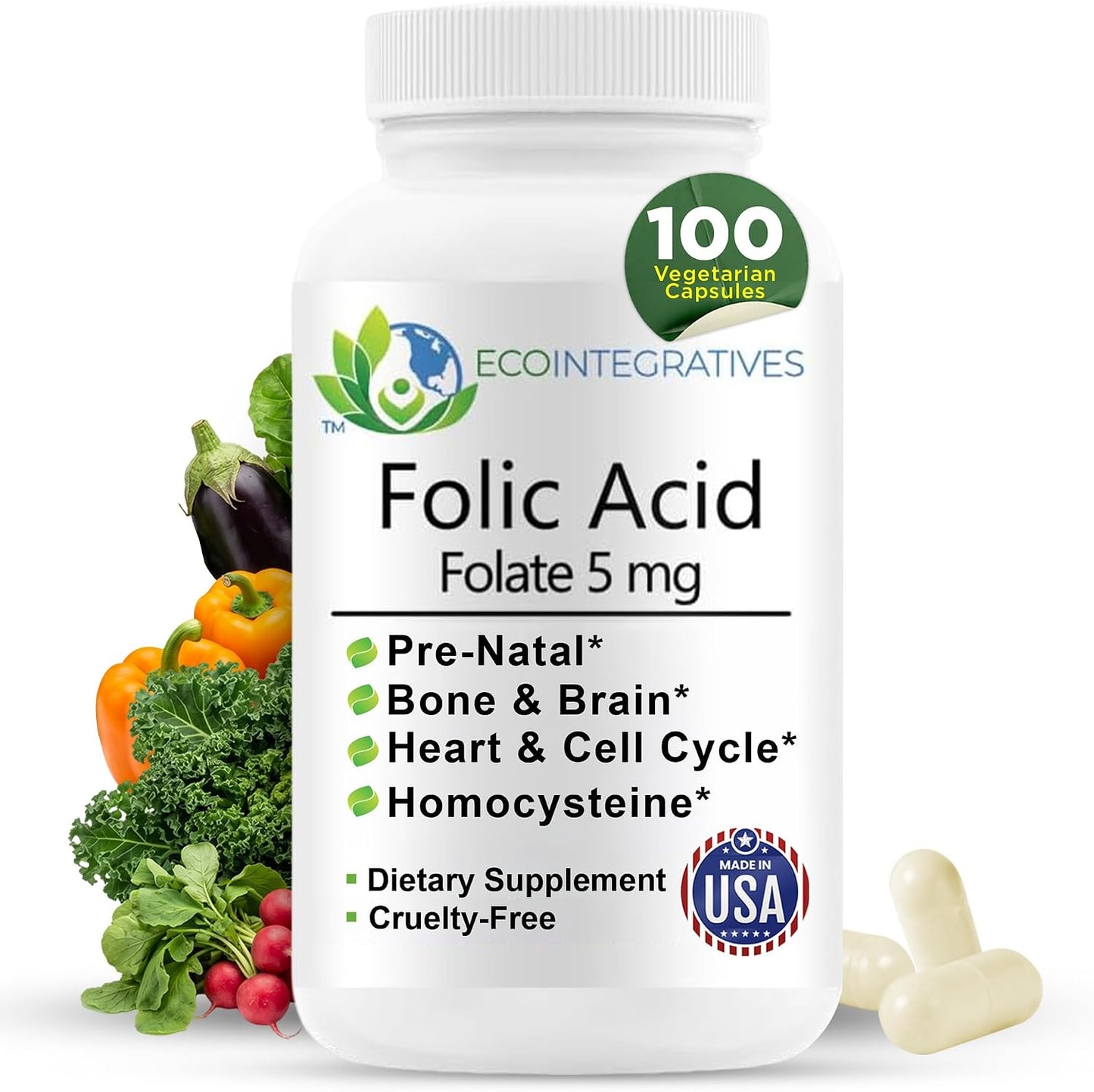EcoIntegratives Folic Acid Folate 5mg (B9) – 100 Vegan Capsules - görsel 1
