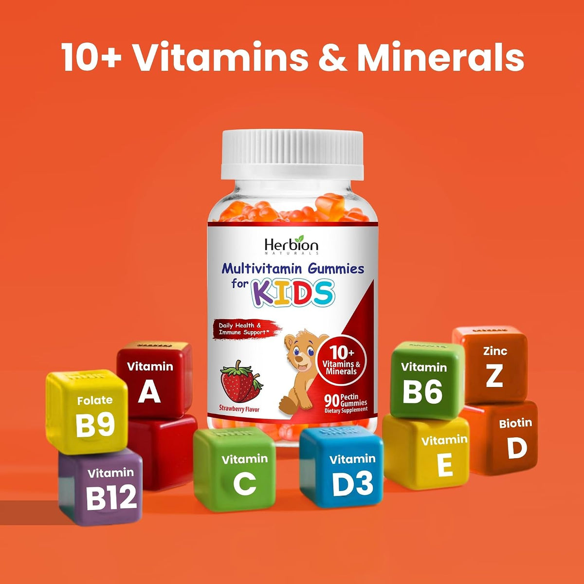 HERBION Naturals Multivitamin Gummies for Children - Support with Vitamin C, D3, B12, A, E & Zinc - Strawberry Flavour - 90 Count - görsel 2