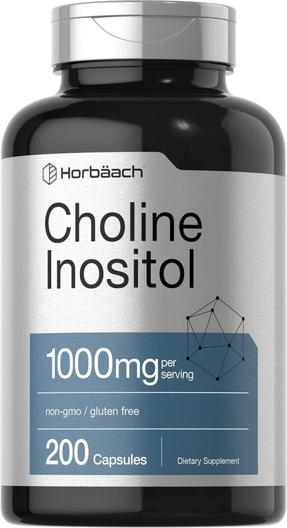 Horbaach Choline Inositol 1000mg Food Supplement | 200 Capsules | Non-GMO, Gluten-free