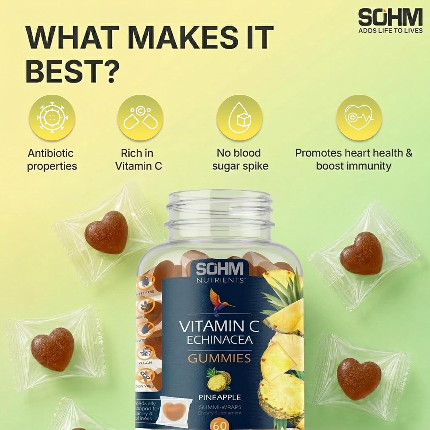 SOHM Vitamin C + Echinacea Gummies - 60 Count - Individually Wrapped - Vegetarian - görsel 7