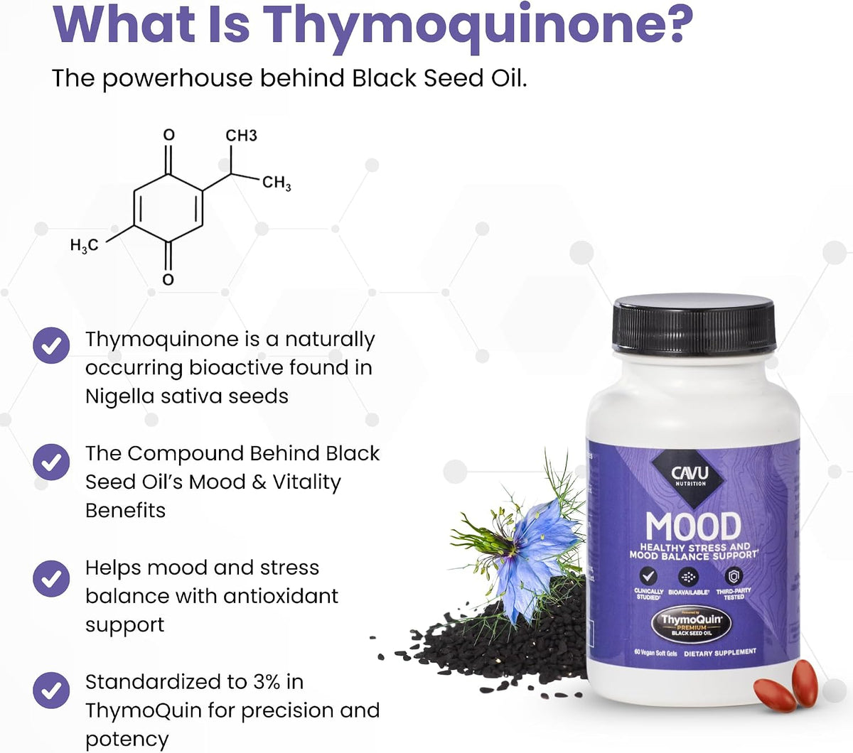 ThymoQuin Mood Support Supplement with Full-Spectrum, Cold Pressed Black Seed Oil with 3% Thymoquinone | Stress, Emotional Balance & Serotonin Support Brain Supplement for Men & Women, 60 Soft gel capsule Capsules - görsel 7