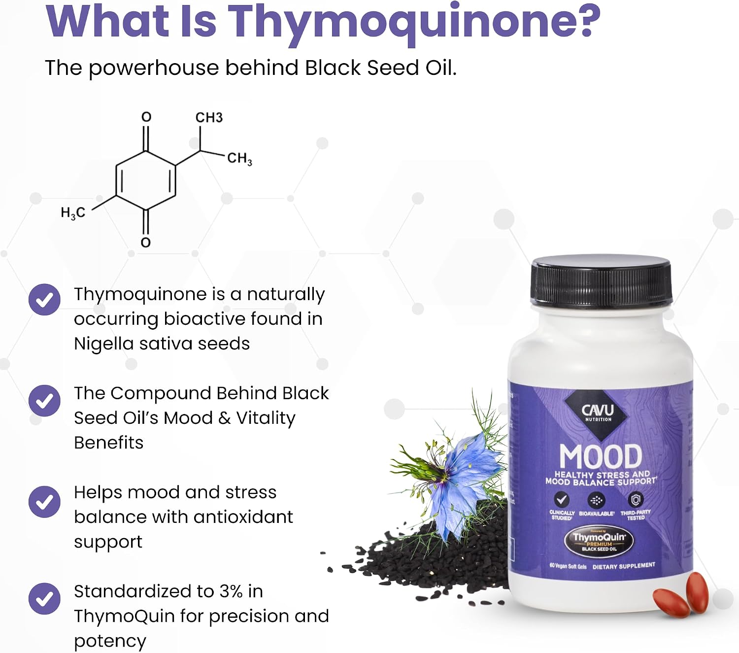 ThymoQuin Mood Support Supplement with Full-Spectrum, Cold Pressed Black Seed Oil with 3% Thymoquinone | Stress, Emotional Balance & Serotonin Support Brain Supplement for Men & Women, 60 Soft gel capsule Capsules - görsel 7