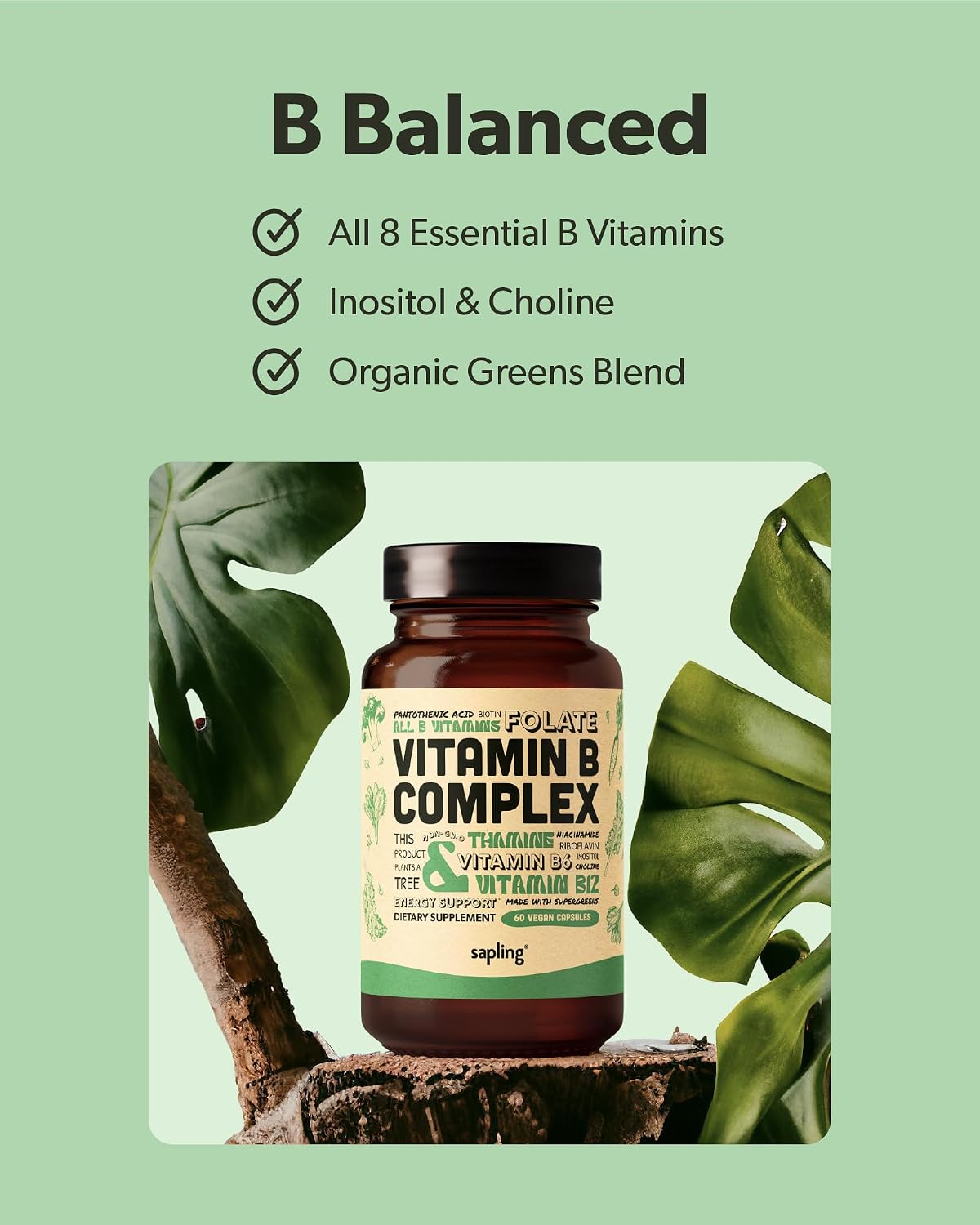 sapling Vegan Vitamin B Complex - Whole Food Blend with Essential B Vitamins B1, B2, B3, B5, B6, B7, Folate, B12 - 60 Capsules - görsel 3