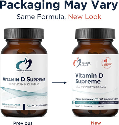 Designs for Health Vitamin D Supreme - Vitamin D3 5000 IU with K2 MK-4 & GG, 180 Capsules