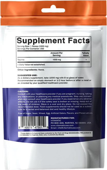 Vitamatic Pure Taurine 1000mg - 250 Servings, Non-GMO, Gluten-free