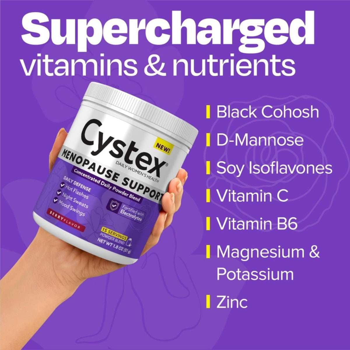Cystex Menopause Support Powder - Daily Support for Hot Flushes, Night Sweats, & Mood Balance - Electrolyte-Enhanced Drink Mix with Clinically-Studied Ingredients, Berry Flavour - 15 Servings - görsel 4