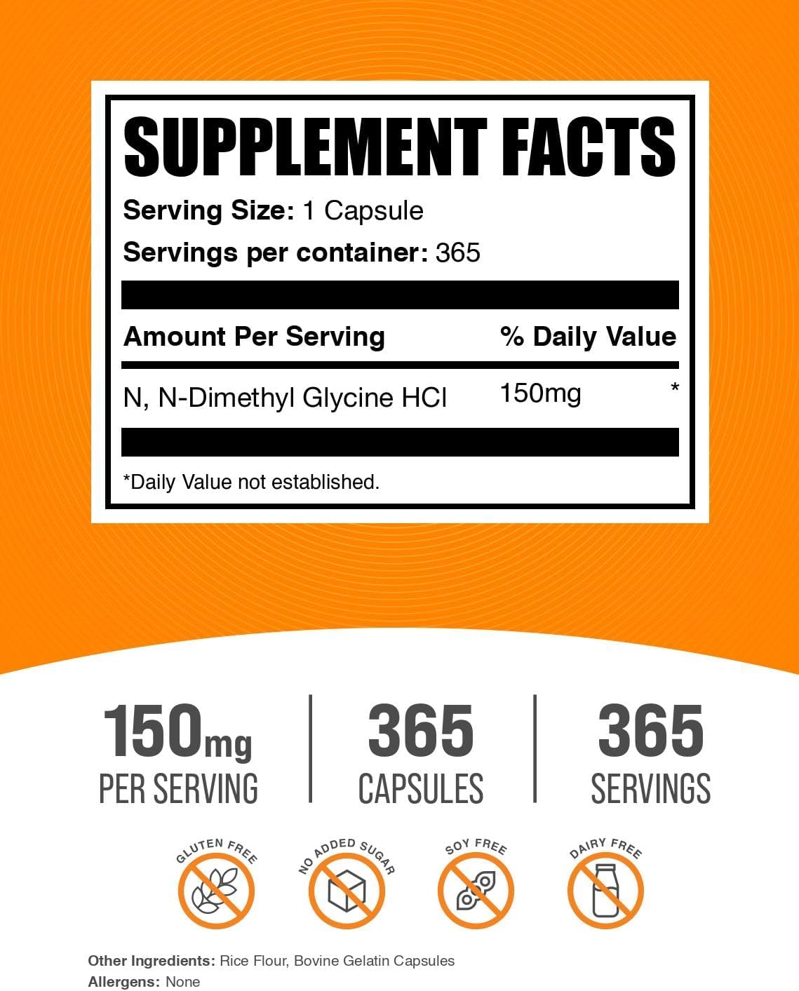 BulkSupplements.com DMG HCl Capsules - N,N-Dimethylglycine HCl, Glycine Supplements - Gluten-free, 150mg, 365 Count - görsel 2