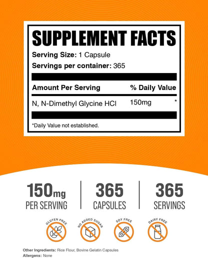 BulkSupplements.com DMG HCl Capsules - N,N-Dimethylglycine HCl, Glycine Supplements - Gluten-free, 150mg, 365 Count