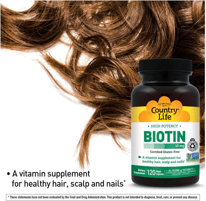 Country Life High-Potency Biotin 10 mg (10,000 mcg) - Vegan & Gluten-Free Biotin Supplement for Hair, Skin & Nails, Energy Metabolism