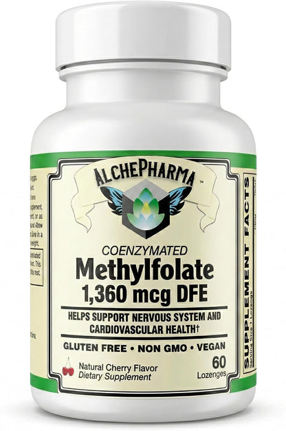AlchePharma Coenzymated Methylfolate 1,360 mcg DFE - Bioactive L-5-MTHF - Gluten-free, Vegan, Non-GMO - Natural Cherry Flavour - 60 Lozenges