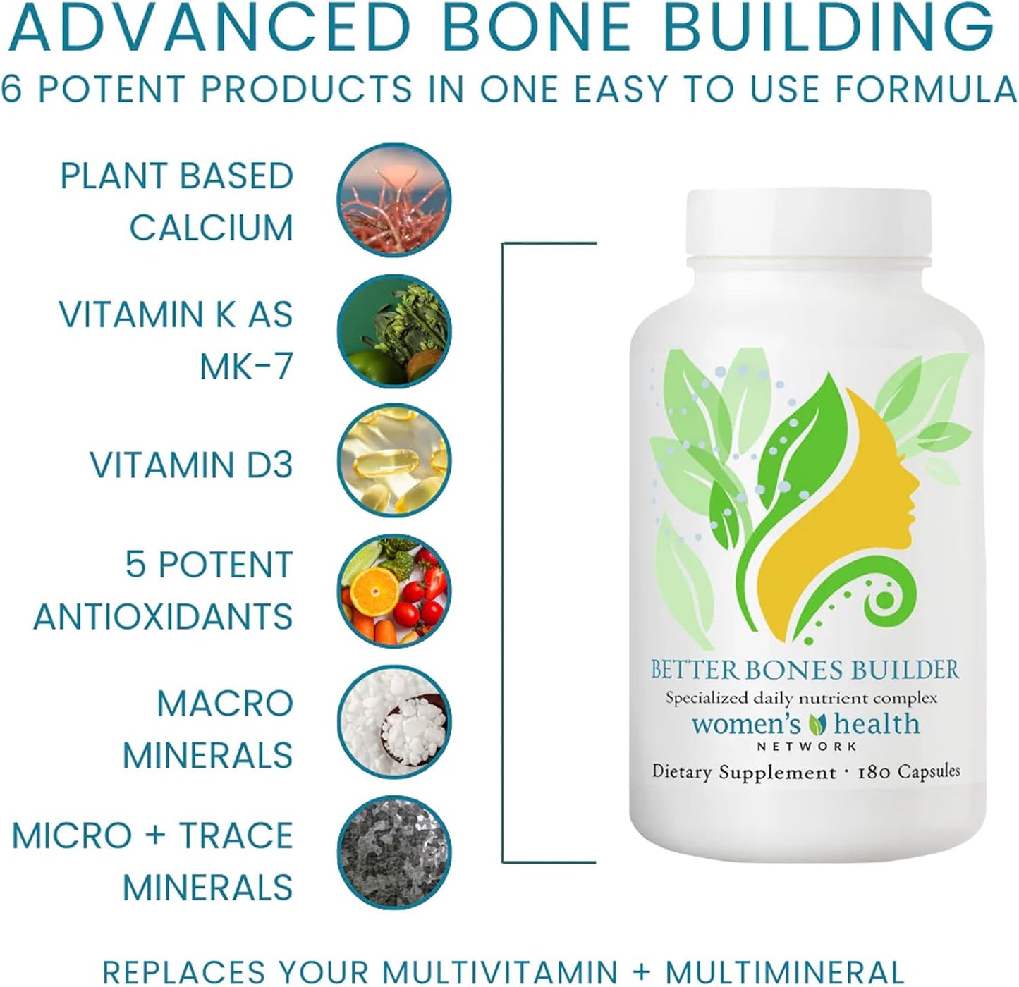 Better Bones Builder - 32-in-1 Calcium Supplements for Women, 300mg Calcium with Vitamin A, C, D3, K, and 300mg Magnesium, Zinc Selenium & Trace Minerals for Bone Strength - 180 Count - görsel 2
