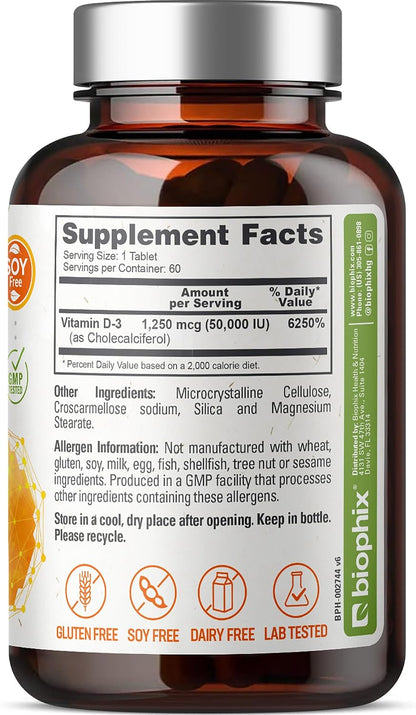 biophix Vitamin D-3 50000 IU 60 Tablets - High-Strength Support for Strong Bones and Immune Health
