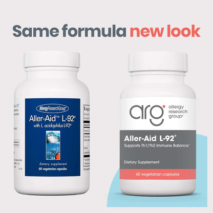 Allergy Research Group ARG Aller-Aid L-92 - Postbiotic Immune Support Supplement - L-92 with Vitamin C & Botanicals - Histamine & Seasonal Support - Hypoallergenic - 60 Servings - 60 Capsules