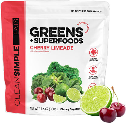 Clean Simple Eats Super Greens Powder, Naturally Flavoured Greens Powder with Chlorella, Spirulina, Superfoods & Prebiotic Fibre, No Artificial Ingredients, Gluten-free, Peachy Greens Flavour, 30 Servings