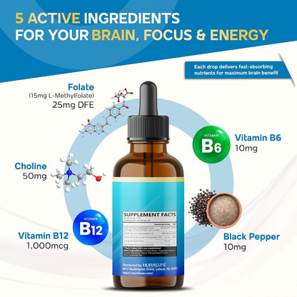 Liposomal 5-MTHF 15mg & Methyl B12 Liquid Drops – 96mg per Serving, Ultra Potent, Raspberry Flavour – 60ml