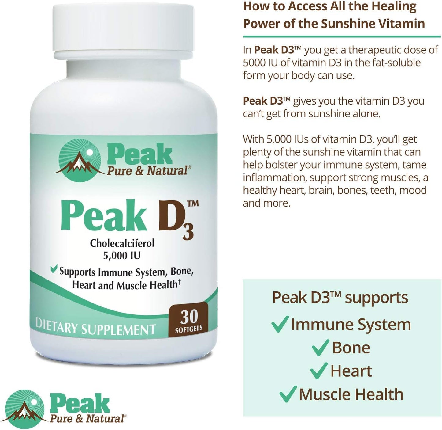 Peak Pure & Natural Peak D3 - Vitamin D3 5000 IU - Immune Support - 30 Capsules - görsel 2