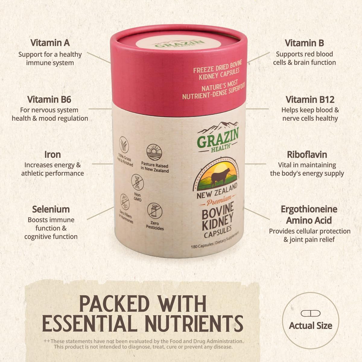 Grass-fed Bovine Kidney Capsules – 3000mg, Whole Food, New Zealand - görsel 5