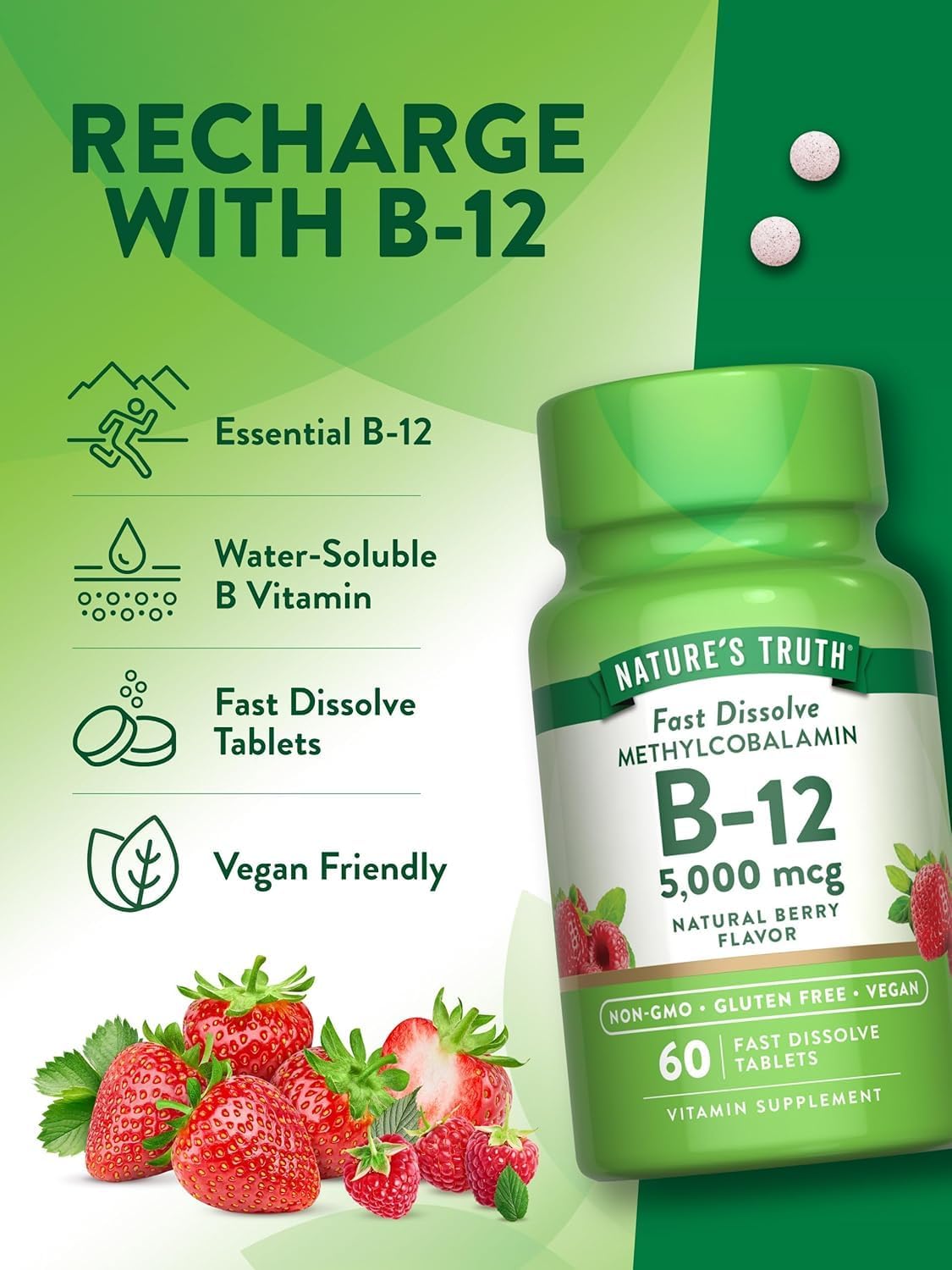Nature's Truth Sublingual Methylcobalamin B12 5000mcg Tablets, Berry, 180 Tablets (Pack of 3) - görsel 5