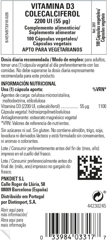 Solgar Vitamin D3 (Cholecalciferol) 55 mcg (2200 IU), 100 Vegetable Capsules