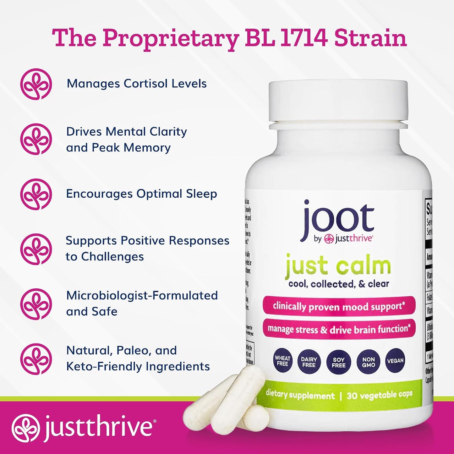 Just Thrive Just Calm - Cortisol Manager with Probiotic BL 1714 & B Vitamins - Vegan Mood & Memory Support - 30 Capsules - görsel 4