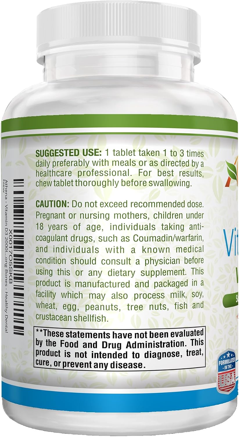 Athena Vitamin D3 2000IU with K2 (MK-7) - 90 Chewable Tablets - görsel 3