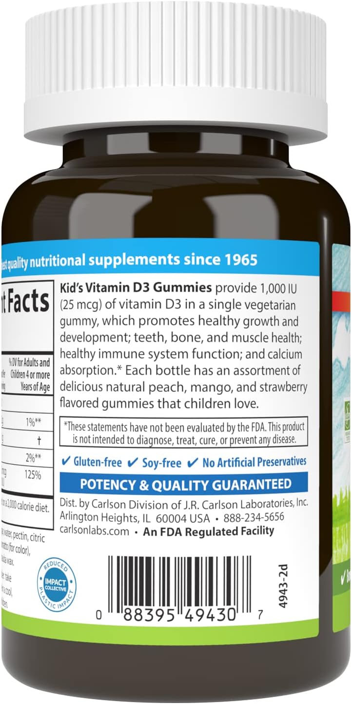 Carlson Kid's Vitamin D3 Gummies, 1000 IU (25 µg), Natural Fruit Flavours, 60 Vegetarian Gummies - görsel 8