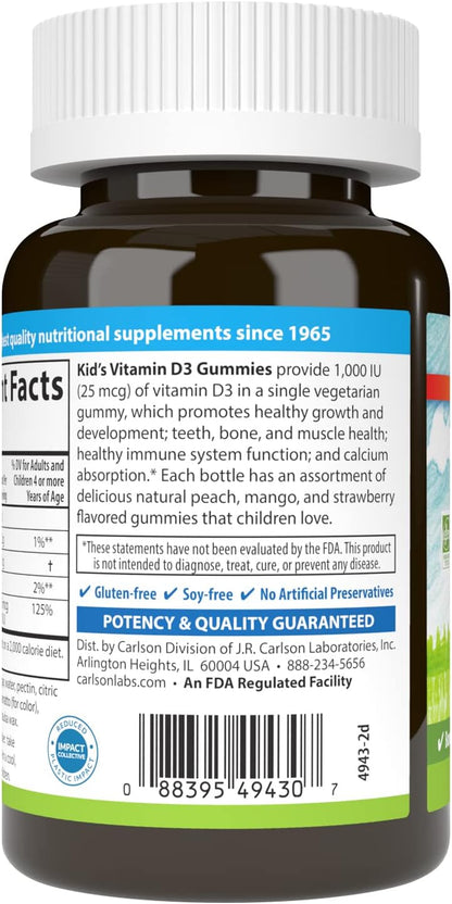 Carlson Kid's Vitamin D3 Gummies, 1000 IU (25 µg), Natural Fruit Flavours, 60 Vegetarian Gummies