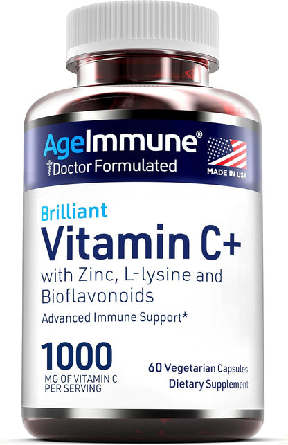 AgeImmune Vitamin C 1000mg Complex with L-Lysine 500mg, Zinc 12mg, Bioflavonoids 300mg