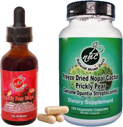 Nopal Cactus Capsules and Prickly Pear Drops Combo, Freeze-Dried Nopal Powder Capsules Plus Nopal Cactus Fruit Concentrate with Vitamin B12, 120 Capsules + 60 ml